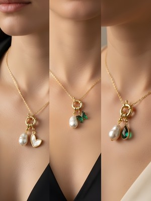 NKT Collection Zümrüt Yeşili Kelebek Zümrüt Yeşili Damla Beyaz Kalp Incili Kolye