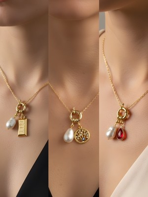 NKT Collection Kırmızı Damla Hayat Ağacı Külçe Altın Incili Kolye