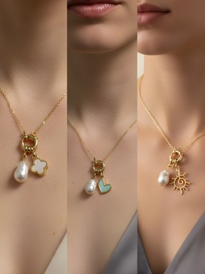 NKT Collection Güneş Turkuaz Kalp Beyaz Yonca Incili Kolye