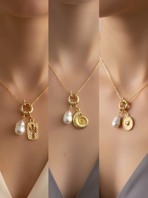 NKT Collection Kabartma Kalp Deniz Kabuğu Kaktüs Incili Kolye