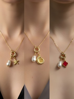 NKT Collection Deniz Kabuğu Kırmızı Yonca Turkuaz Yonca Incili Kolye