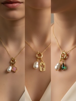 NKT Collection Zümrüt Yeşili Damla Kaktüs Pembe Yonca Incili Kolye