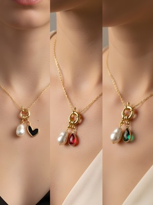 NKT Collection Kırmızı Damla Zümrüt Yeşili Damla Siyah Kalp Incili Kolye