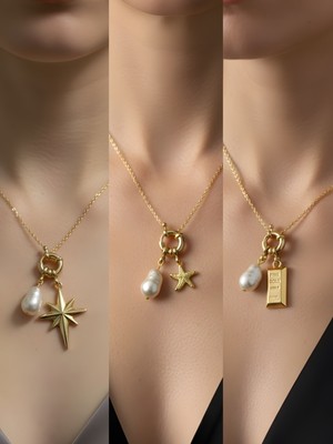 NKT Collection Külçe Altın Deniz Yıldızı Kalpli Zarf Incili Kolye