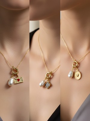 NKT Collection Kabartma Kalp Siyah Yonca Kalpli Zarf Incili Kolye