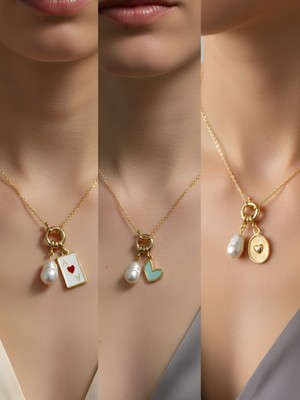 NKT Collection Kabartma Kalp Turkuaz Kalp Kupa As Incili Kolye