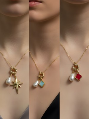 NKT Collection Kırmızı Yonca Turkuaz Yonca Kalpli Zarf Incili Kolye