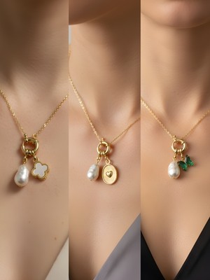 NKT Collection Zümrüt Yeşili Kelebek Pembe Kalp Deniz Kabuğu Incili Kolye