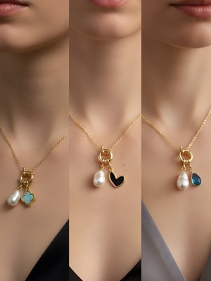 NKT Collection Turkuaz Damla Siyah Kalp Turkuaz Yonca Incili Kolye