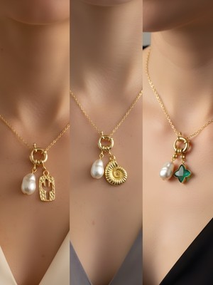 NKT Collection Zümrüt Yeşili Yıldız Deniz Kabuğu Kaktüs Incili Kolye