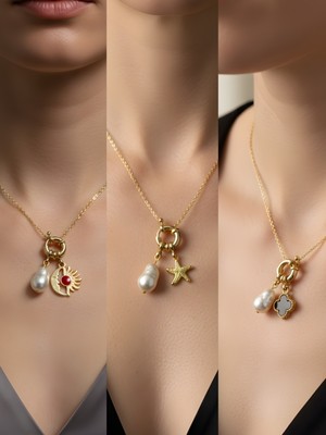 NKT Collection Siyah Yonca Deniz Yıldızı Turkuaz Kalp Incili Kolye