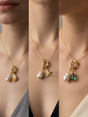 NKT Collection Zümrüt Yeşili Damla Deniz Yıldızı Midye Incili Kolye