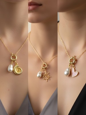 NKT Collection Güneş Pembe Kalp Deniz Kabuğu Incili Kolye