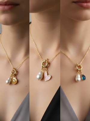 NKT Collection Turkuaz Damla Pembe Kalp Midye Incili Kolye