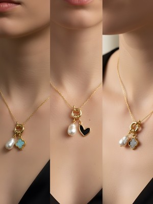 NKT Collection Siyah Kalp Siyah Yonca Turkuaz Yonca Incili Kolye