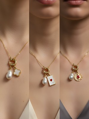 NKT Collection Ay Güneş Kupa As Beyaz Yonca Incili Kolye