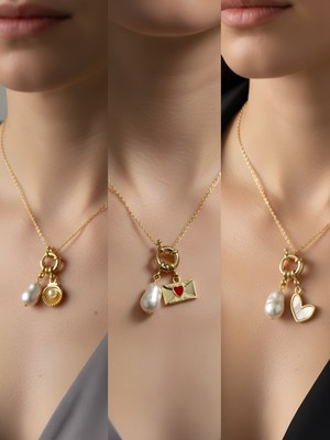 NKT Collection Beyaz Kalp Midye Kalpli Zarf Incili Kolye