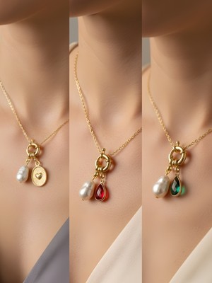 NKT Collection Kırmızı Damla Zümrüt Yeşili Damla Kabartma Kalp Incili Kolye