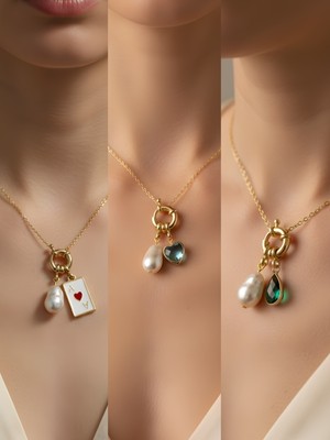 NKT Collection Turkuaz Kalp Zümrüt Yeşili Damla Turkuaz Kalp Incili Kolye