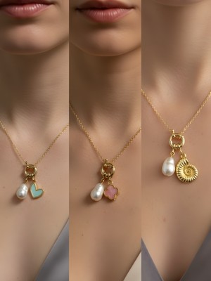 NKT Collection Deniz Kabuğu Pembe Yonca Kupa As Incili Kolye