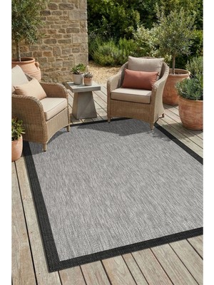 SYH Concept Çerçeveli Desenli Leke Tutmaz, Yıkanabilir Kaymaz Taban Modern Salon ve Mutfak Halısı - Gri Siyah 6635