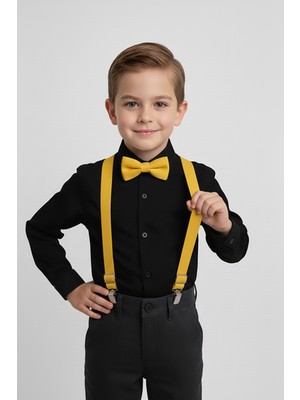 Merdia Kids Erkek Çocuk Uzun Kol Siyah Gömlek ve Sarı Askı Papyon Takım