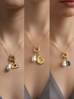 NKT Collection Turkuaz Damla Deniz Kabuğu Kalpli Zarf Incili Kolye