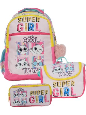 Pippa Kız Çocuk Üç Gözlü Pembe/sarı Ilkokul Üçlü Okul Çanta Seti - Super Girl - PPSET5220
