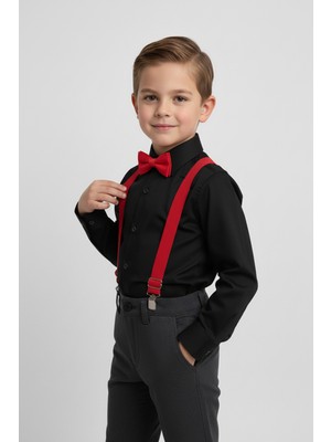 Merdia Kids Erkek Çocuk Uzun Kol Siyah Gömlek ve Kırmızı Askı Papyon Takım
