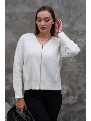 Kadın Fermuarlı V Yaka Uzun Kol Yün Ceket Standart Beden