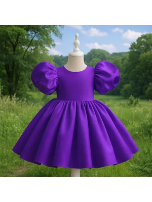 Musgem Özel Tasarım Mor Renk Balon Kol Fiyonk Detaylı Kız Çocuk Abiye Elbise