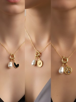 NKT Collection Hayat Ağacı Kabartma Kalp Siyah Kalp Incili Kolye