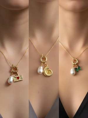 NKT Collection Zümrüt Yeşili Kelebek Deniz Kabuğu Ay Güneş Incili Kolye