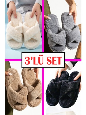Stwenn 3 Lü Set Pofuduk Peluş Çapraz Bantlı Kadın Ev Terliği Kışlık Yumuşak Ev Terliği Ses Yapmaz Taban