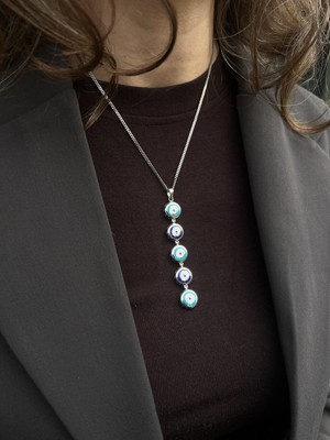 Tep's Jewellery Özel Tasarım Gümüş Uzun Beşli Nazar Boncuğu Kolye