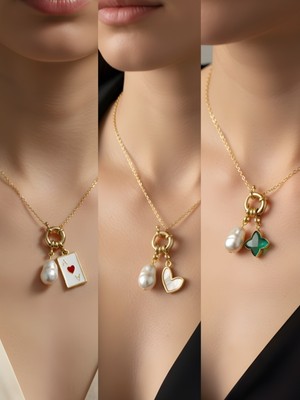 NKT Collection Zümrüt Yeşili Yıldız Beyaz Kalp Kupa As Incili Kolye