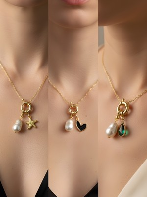 NKT Collection Zümrüt Yeşili Damla Siyah Kalp Deniz Yıldızı Incili Kolye