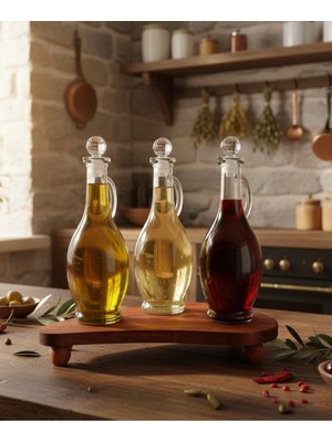 Rembox 3’lü Kristal Tıpalı Kulplu Yağdanlık Seti – 500 ml Top Ayaklı Ahşap Standlı  Yağdanlık
