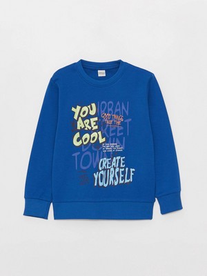 LC Waikiki Lcw Kids Mavi Bisiklet Yaka Baskılı Uzun Kollu Erkek Çocuk Tişört