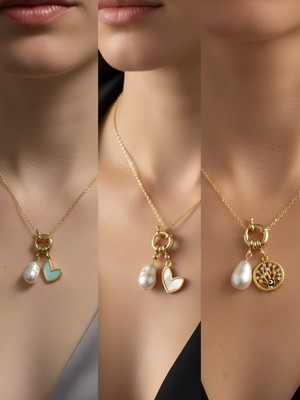 NKT Collection Hayat Ağacı Beyaz Kalp Turkuaz Kalp Incili Kolye