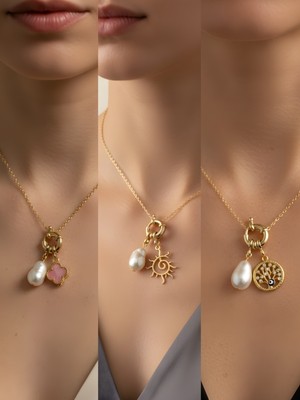 NKT Collection Hayat Ağacı Güneş Turkuaz Yonca Incili Kolye