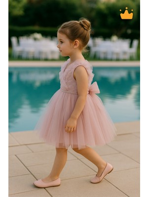 Minimony 1-5 Yaş Yakası Taşlı Tüllü Özel Tasarım Sırt Detaylı Kız Çocuk Tül Etek Abiye Elbise Düğünlük 6516