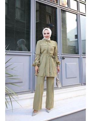 Tesettür Diyarı Pantolonlu Tesettür Takım- Yağ Yeşili