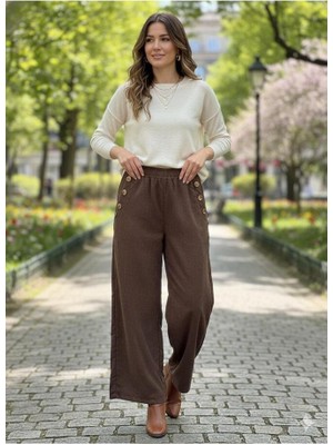 Kadın Kadife Kumaş Yandan Düğme Detaylı Bol Paça Fitilli Pantolon
