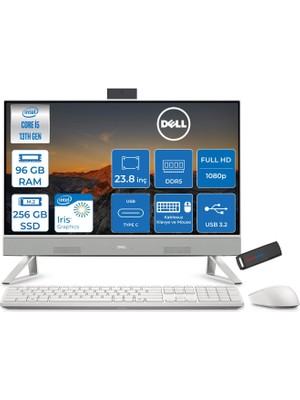 Dell 24 All-In-One Intel Core I5 1334U 4.6ghz 96GB Ddr5 256GB SSD Freedos Iris Xe Graphics 23.8 Inç Fullhd (1920X1080) Wva All In One Bilgisayar NTEC24250U36 + Zetta Flash Bellek
