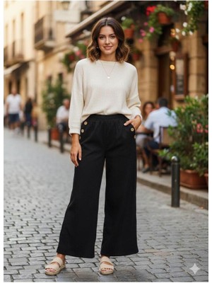 Kadın Kadife Kumaş Yandan Düğme Detaylı Bol Paça Fitilli Pantolon