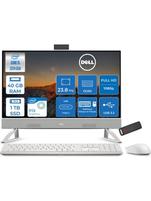 Dell 24 All-In-One Intel Core I5 1334U 4.6ghz 40GB Ddr5 1tb SSD Freedos Iris Xe Graphics 23.8 Inç Fullhd (1920X1080) Wva All In One Bilgisayar NTEC24250U18 + Zetta Flash Bellek