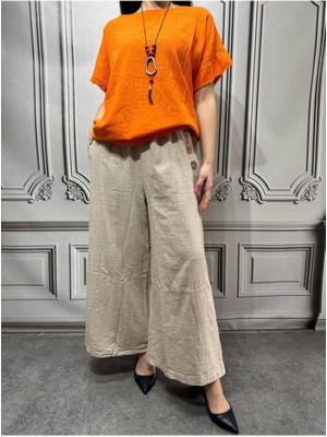 Kadın Yandan Düğmeli Pamuklu Çift Cepli Oversize Pantolon