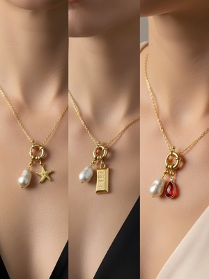NKT Collection Kırmızı Damla Külçe Altın Deniz Yıldızı Incili Kolye