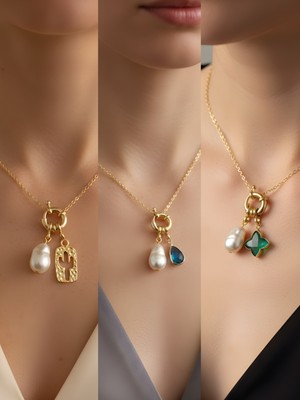 NKT Collection Turkuaz Damla Zümrüt Yeşili Yıldız Kaktüs Incili Kolye